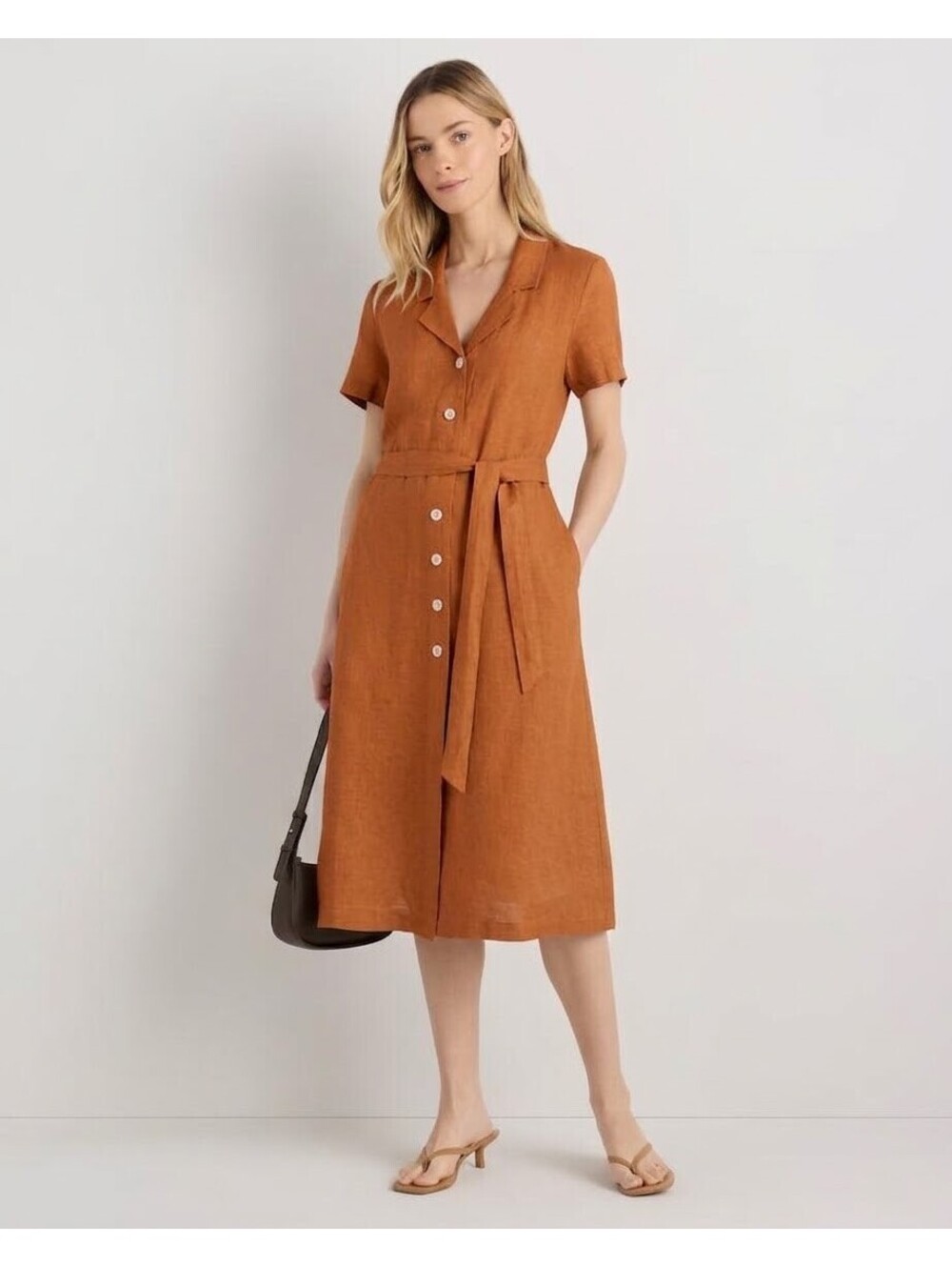 Quince 100% European Linen Button Front Midi Dress Terracotta Size M